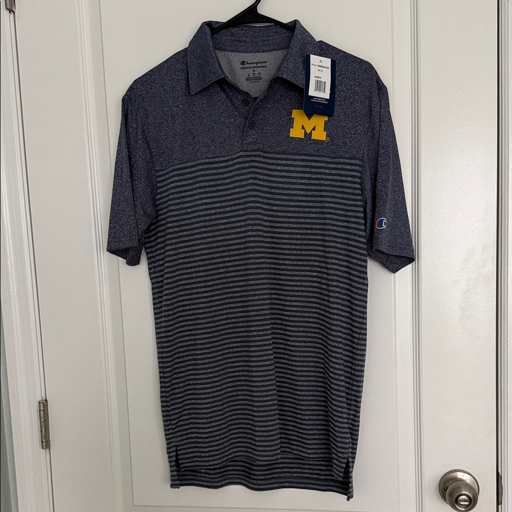 Champion Michigan Wolverines Embroidered Men's Navy Gray Striped Polo Shirt Sz S